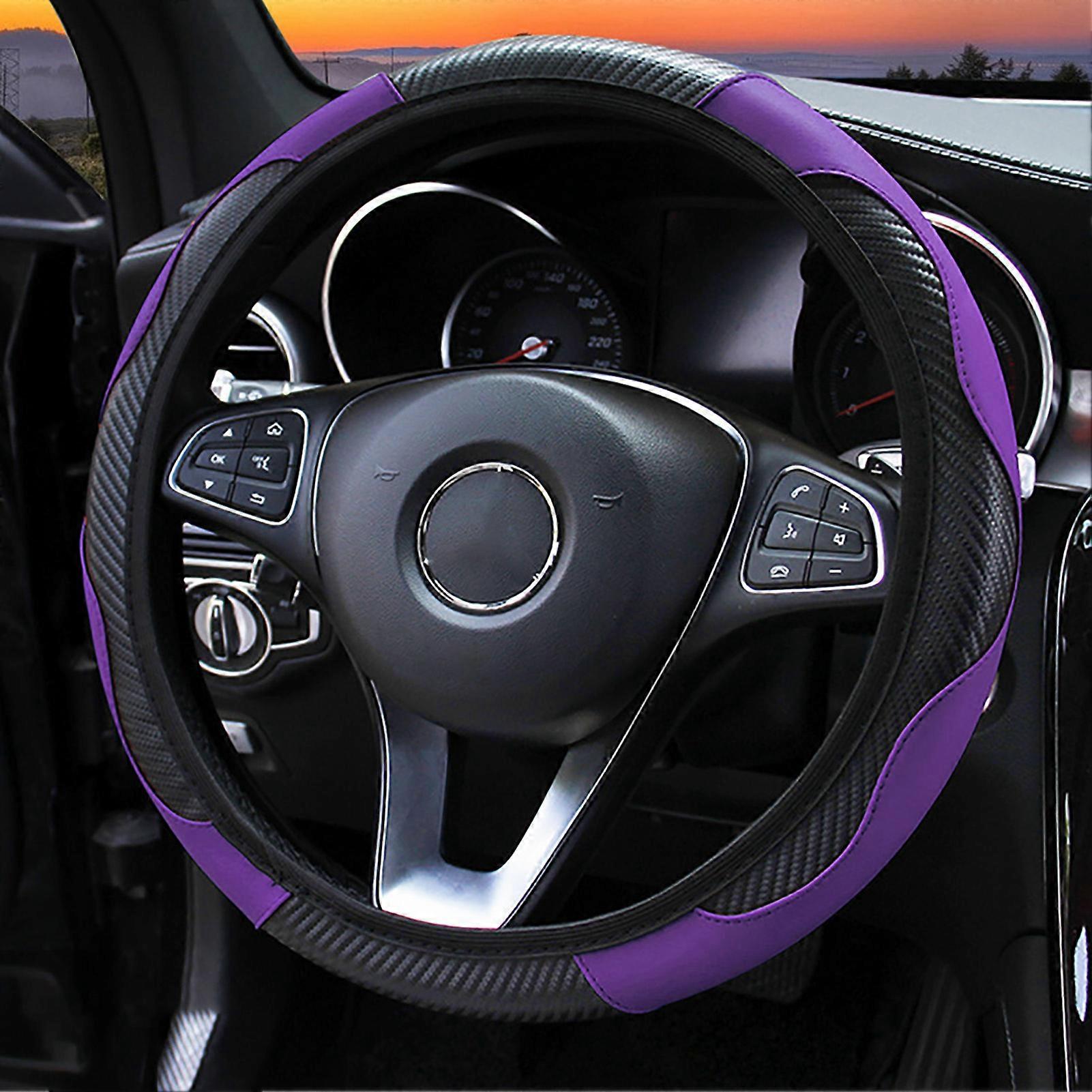 Housse de volant de 38 cm en fibre de carbone, avec poignée élastique et antidérapante, pour voiture, noir et violet