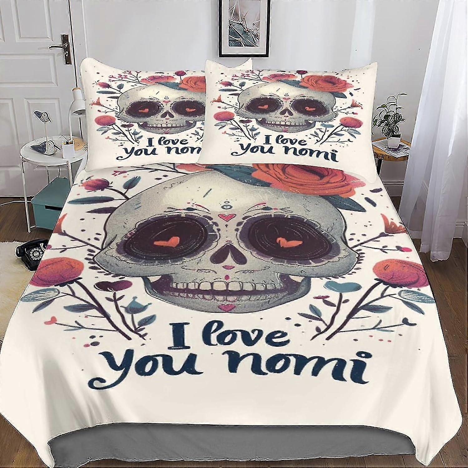 3-Piece Duvet Cover Set with Skull and Flowers Design, Microfiber Bedding Set with Hidden Zipper Closure and Pillowcases, Suitable for Certa