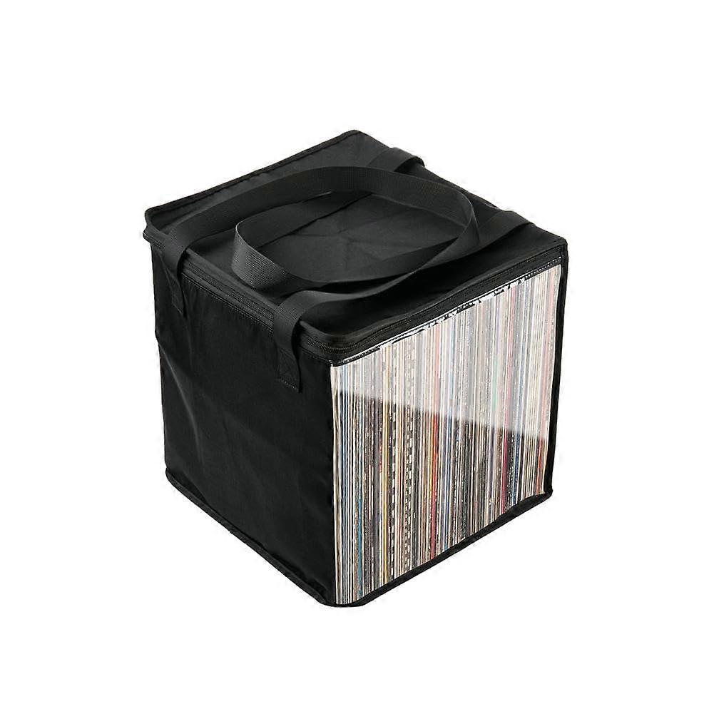 Vinyl Record Carrying Bag, Foldable, Dustproof with Lid and Handles, Travel & Collection Use, Black 29.8x30.5x32.5cm