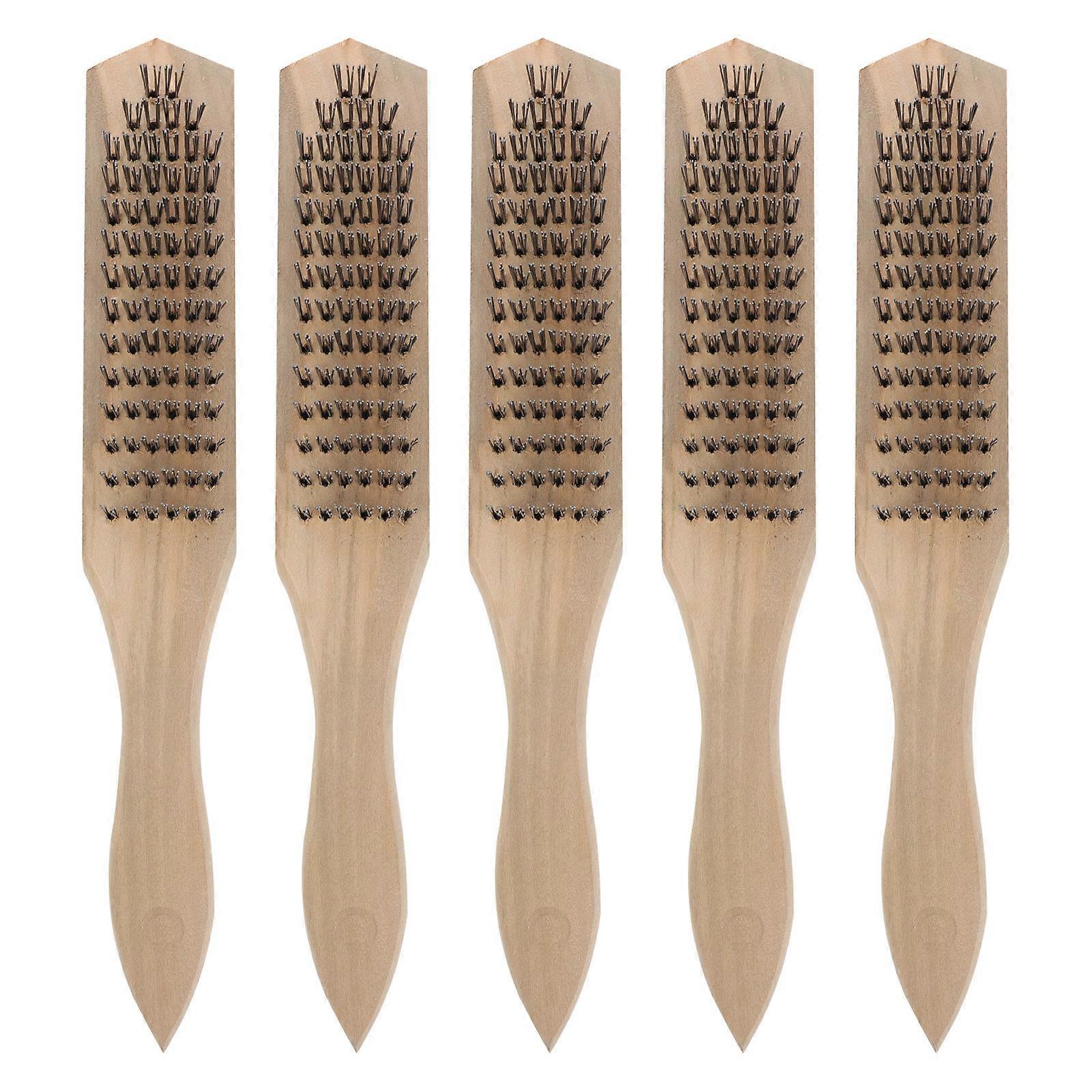 5pcs Cleaning Brushes Wooden Handle Wire Brushes Rust Removal Tools (Beige)