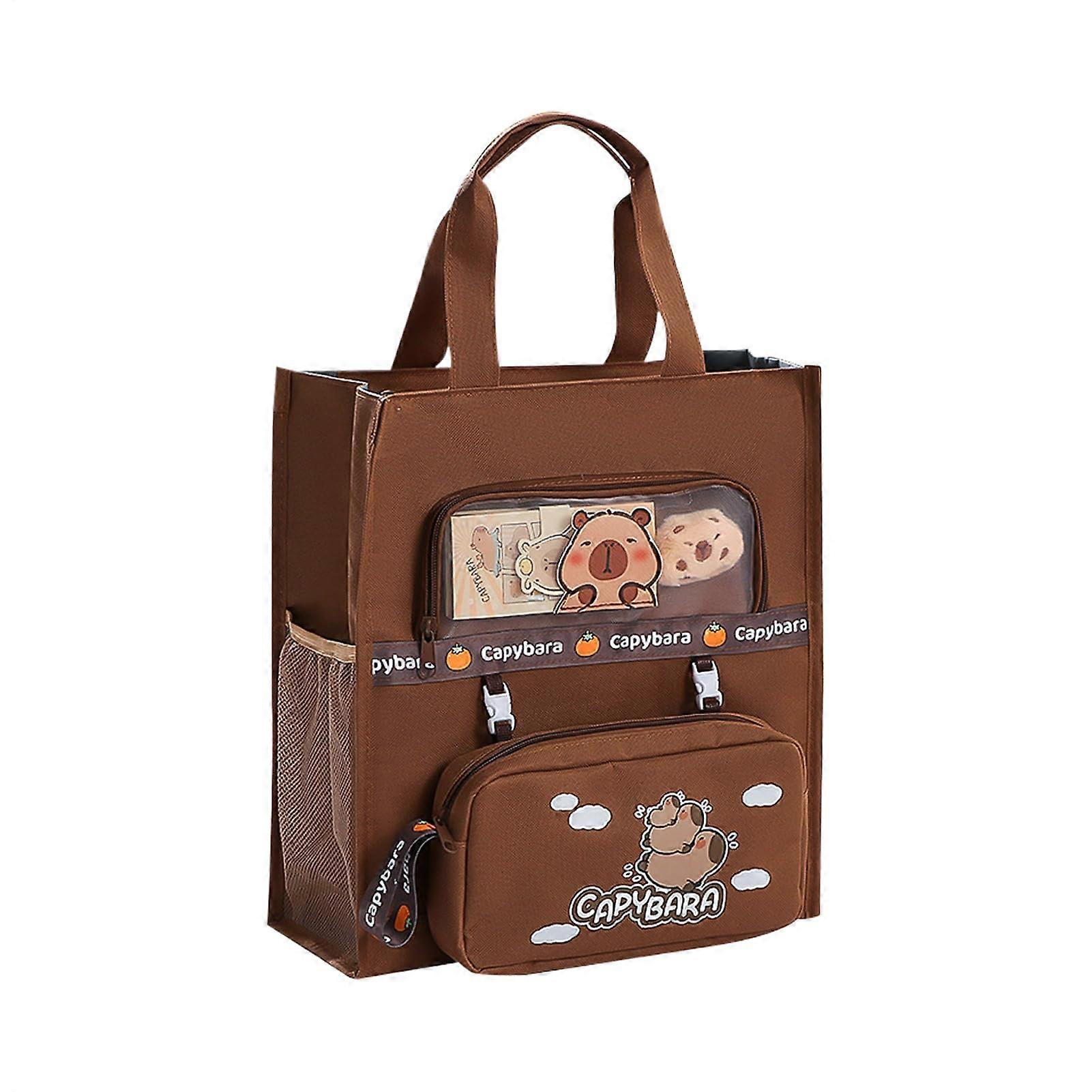 Capybara Handbag, Animal Canvas Bag with Multiple Pockets, Practical Travel Bag for Kids, Teens, and Students, Dark Coffee
