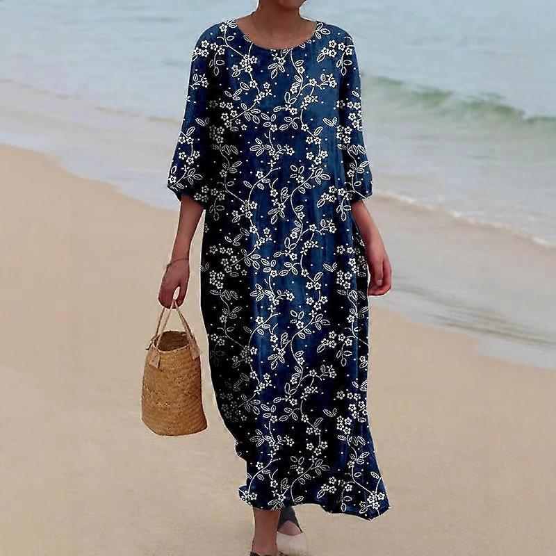 Women's three-quarter sleeve round neck printed retro loose midi dress
