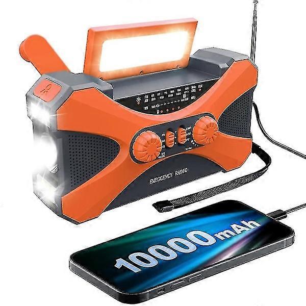10000mAh Solar Powered Emergency Radio with Crank, with Hand Crank Power, Flashlight, USB Multi-function Radio, Orange