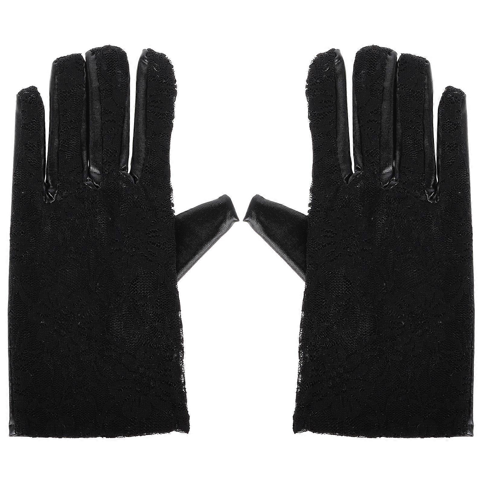 Black Floral Lace Gloves for Punk Style and Short Design Patent Polyester PU Comfortable for Beauty
