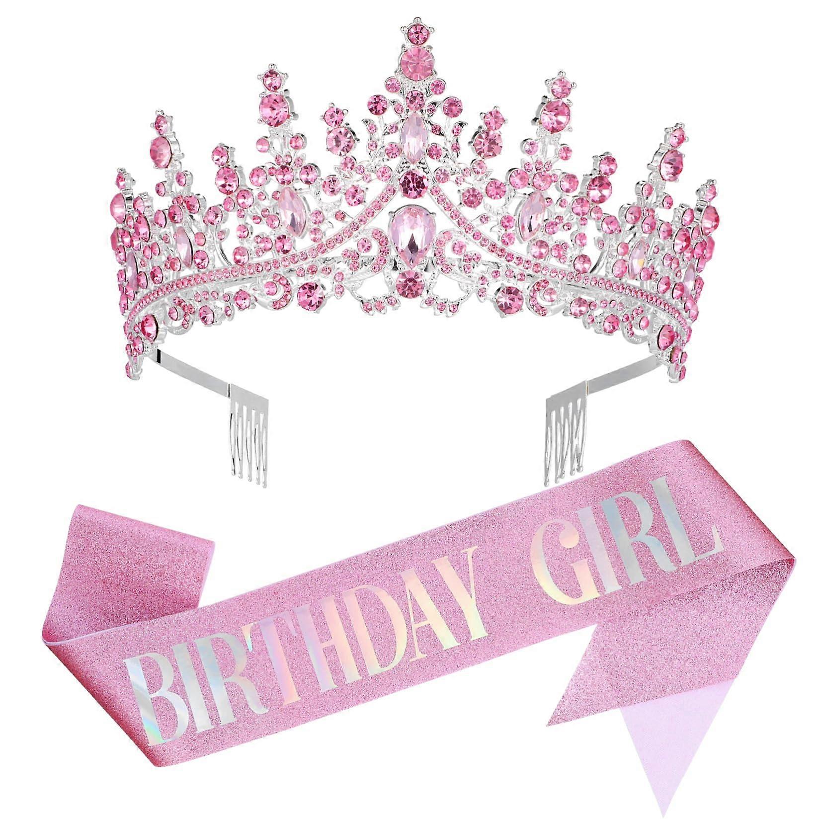 Birthday Crown and Sash Set for Girls Adjustable Tiara with Sparkling Rhinestones for Lasting Photo Memories