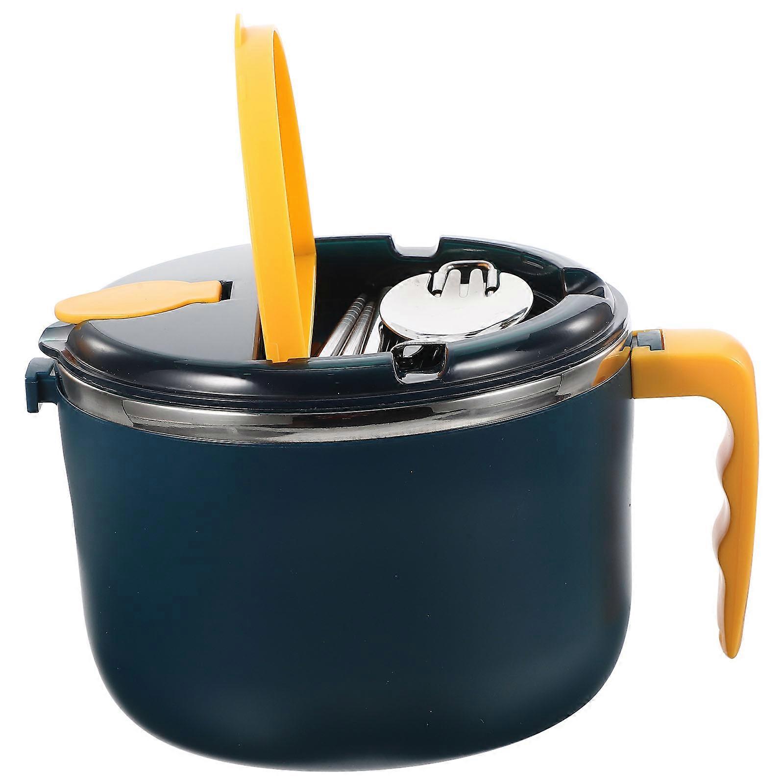 Blue Insulated Noodle Bowl with Cover and Handle Made of Stainless Steel and PP for Home Use 1 Set