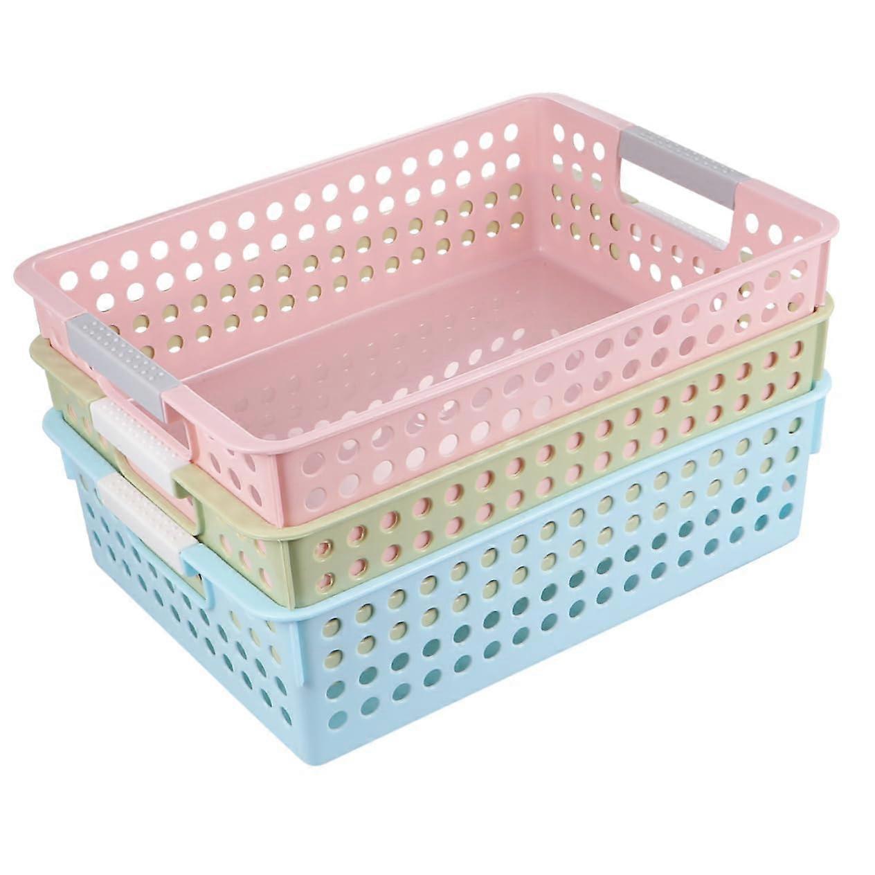 3piece plastic storage boxes for documents, hollow design, folder organizer for desk in office, green and blue, for storing files and documents.