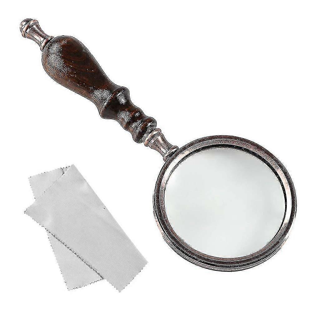 Handheld Wooden Handle Magnifying Glass Antique Copper Lens for Reading & Hobbies