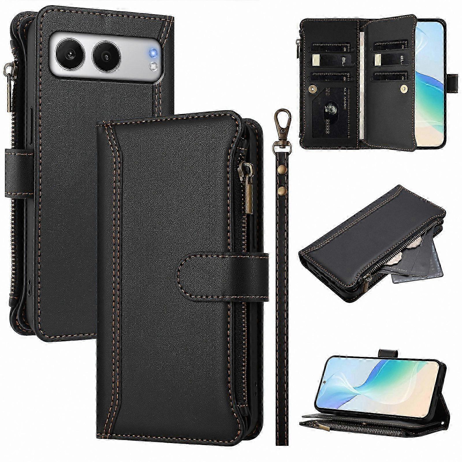 Leather Wallet Case for OnePlus Nord 4 with Card Slots, Zipper, Stand, and Wrist Strap - Protective Phone Cover