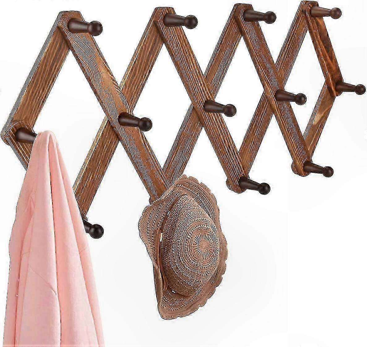 Adjustable Wooden Wall Organizer with 13 Hooks for Hats, Coats, and Accessories Storage Solution