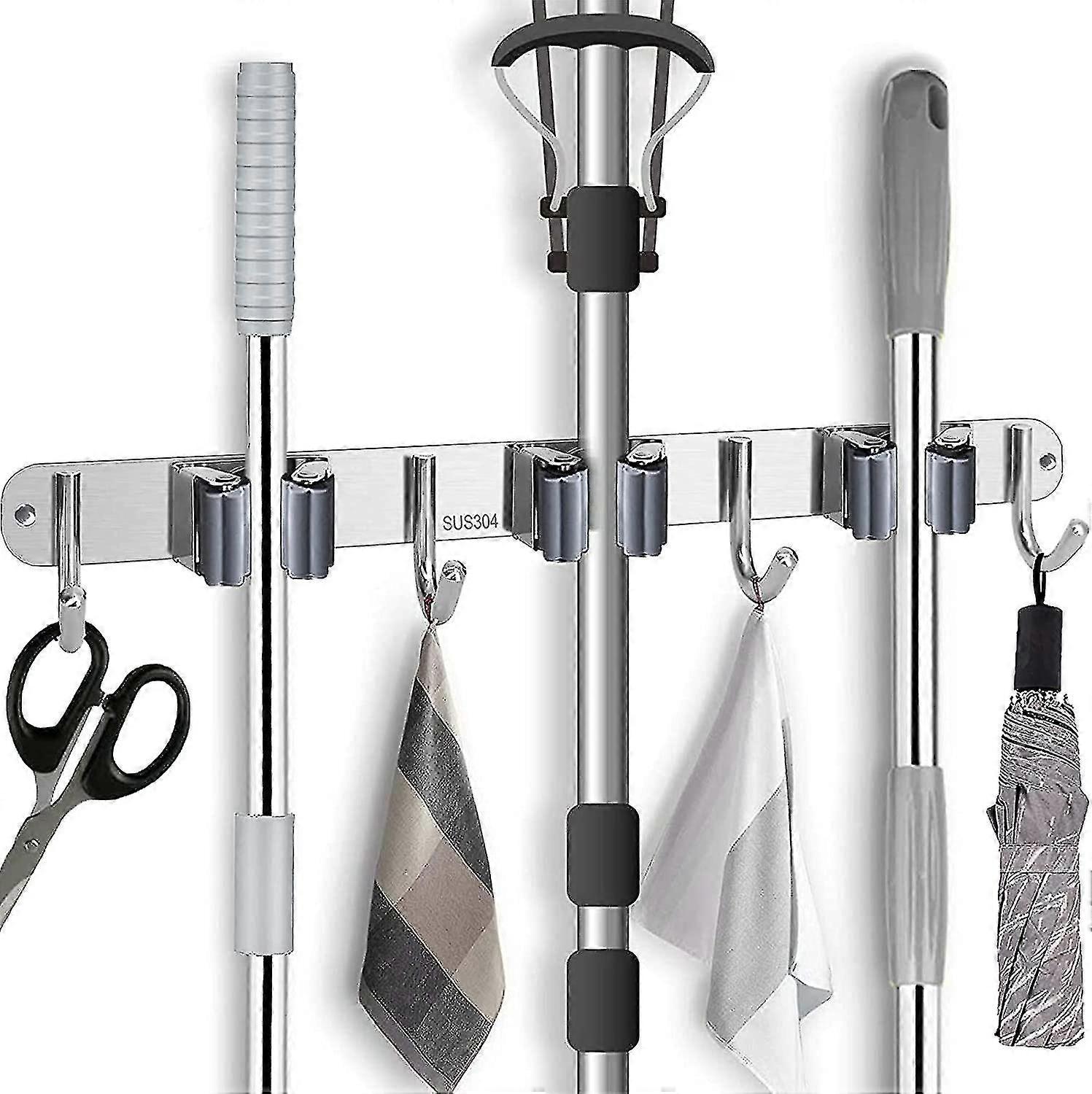 Wall-mounted mop and broom rack, 3 layers and 4 hooks, made of stainless steel, durable and easy to install