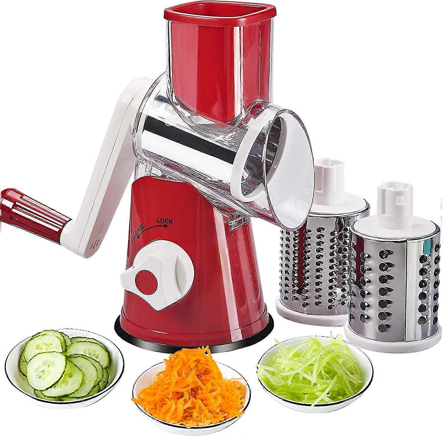 Handheld Rotary Slicers for Vegetables Cheese Grater Shredder Veggie Mandoline Slicer Chopper 2 Stainless Steel Round Graters BPA Free (Red)