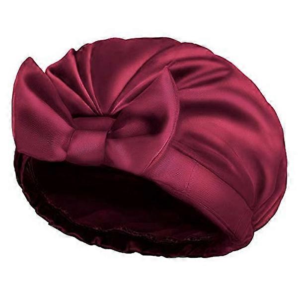 (Wine Red) 1 pc Solid Color Polyester Oversized Shower Cap, Bow Double Layer Reusable Shower Cap
