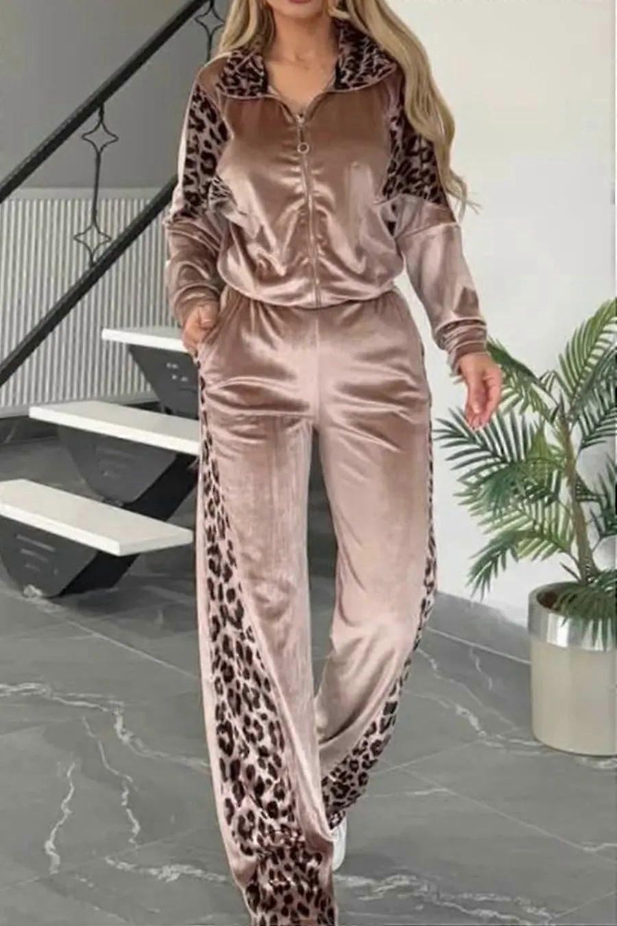 2025 New Leopard Print Contrast Color Long Sleeve Loungewear Set, Street Style Pajama Set