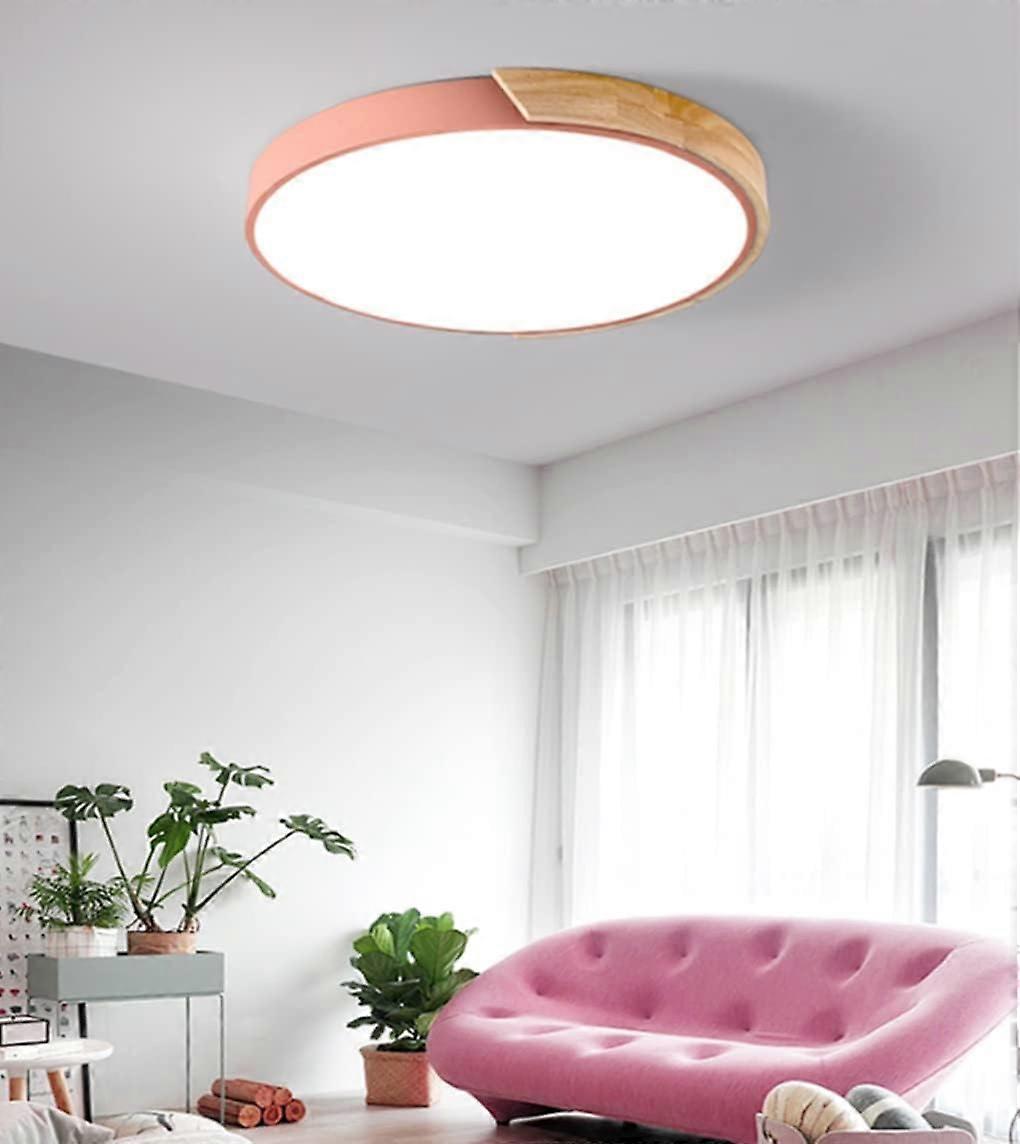 Pink LED Wood Ceiling Lamp Round Flat Panel 30cm Diameter 6000K White Light Acrylic Screen