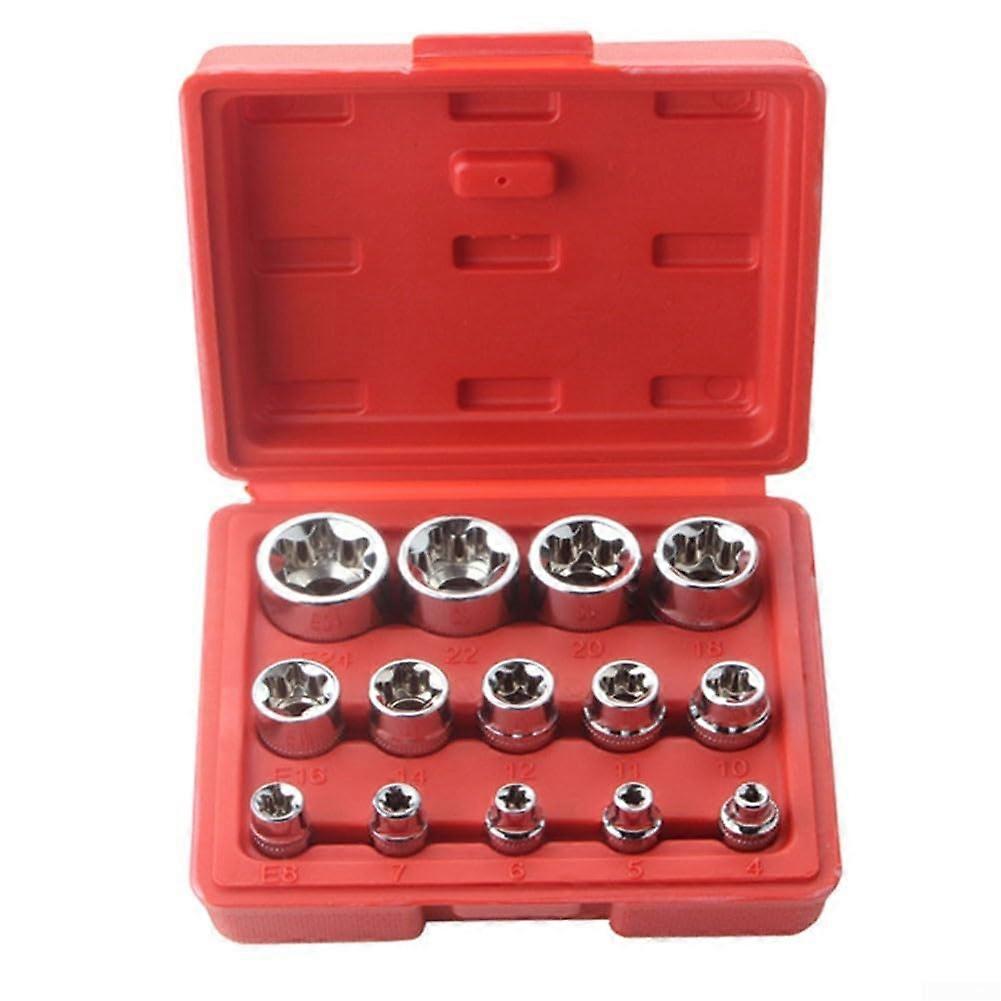 14 Piece Star Female Bit Socket Set With 1/4 3/8 1/2 Drive, E4 To E24 Sizes, Storage Case, For Automotive