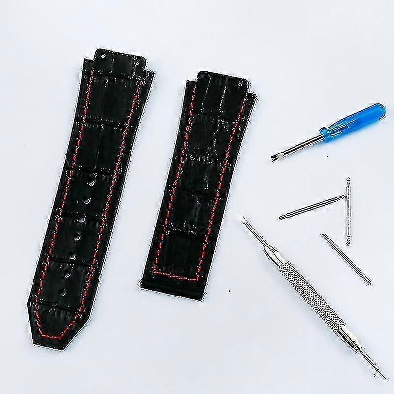 Leather and Rubber Watch Straps for Men and Women - 19mm to 25mm Buckle Bands with Black Red Line for Fashion and Sports