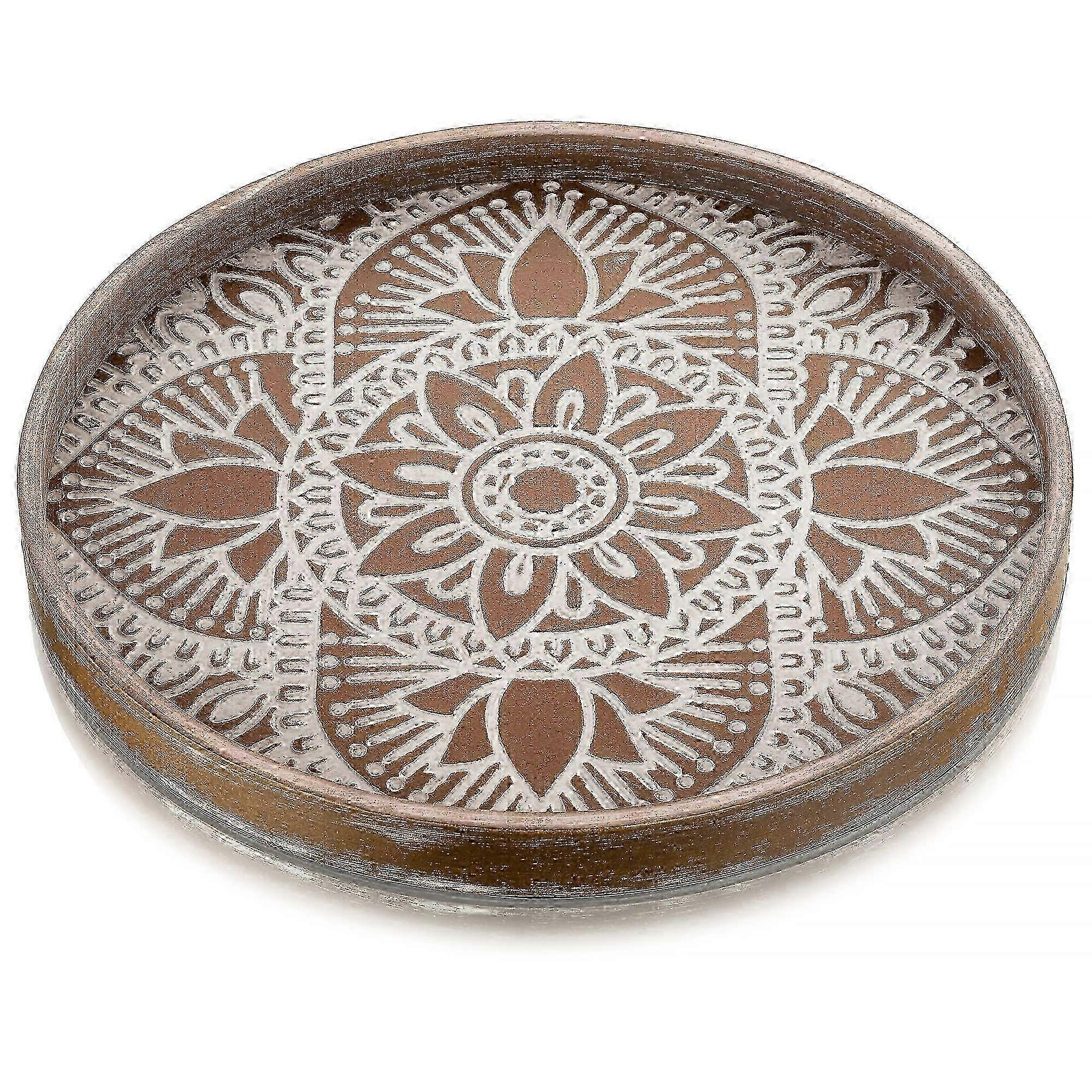 25-26 Round Wood Serving Tray - Boho Kitchen Countertop Decor
