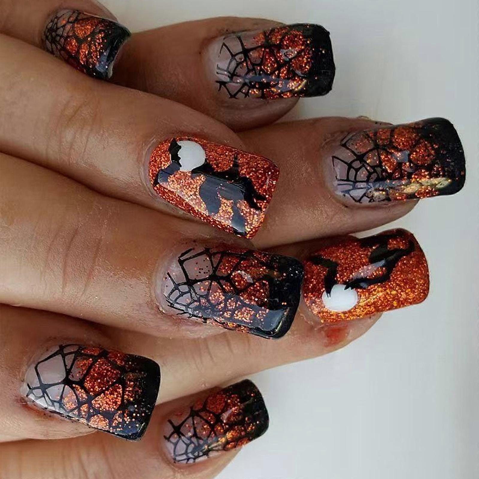 Halloween Press On Short Square Black Orange Color Witch Web Design Artificial For Party Wear Multicolor