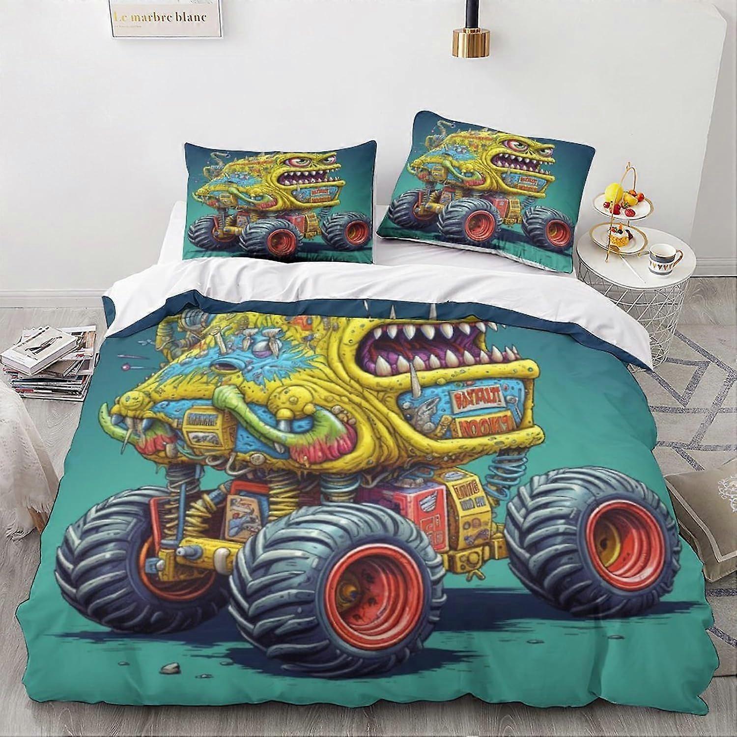 LikeEj monstros edredom capa set 3D desenhos animados padrão printe roupa de cama carro vintage colcha edredom capa conjunto, microfibra macia rei