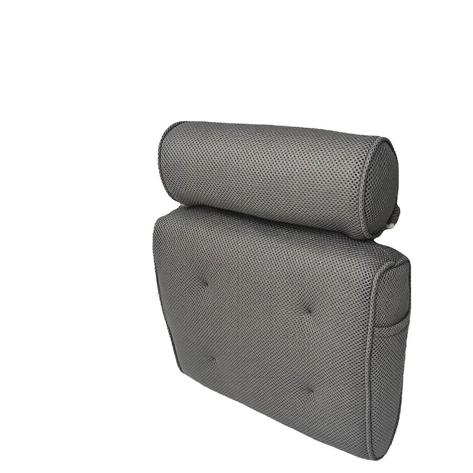 Bath Pillow with Head Neck Back Support, QuickDry Waterproof Mesh, Secure Suction Cups, Grey