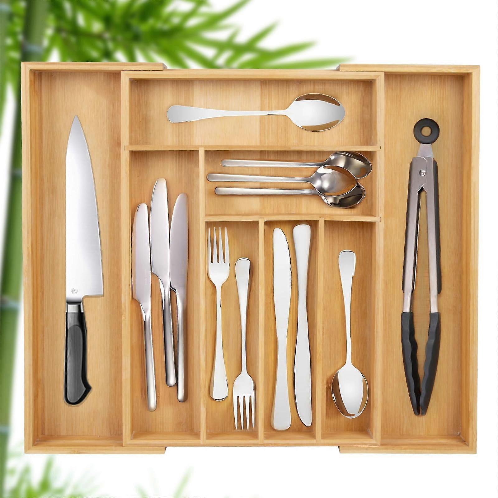 Bamboo Expandable Utensil Drawer Organizer Adjustable Cutlery Tray for Kitchen Flatware Knives