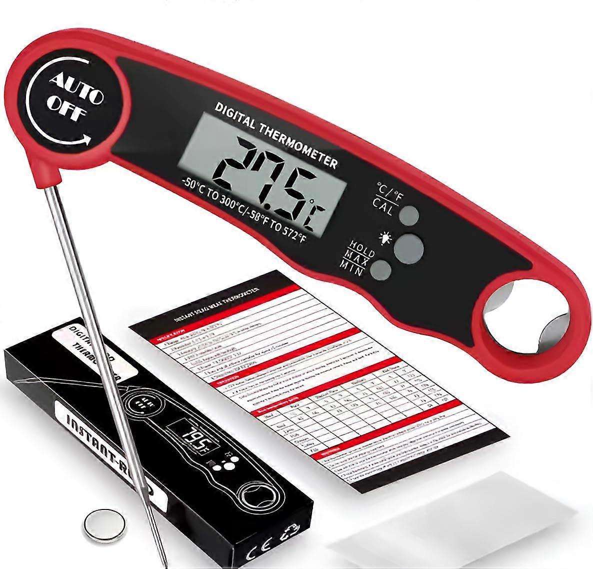 Digital Meat Thermometer with LCD Display, Wide Temperature Range, AutoOff, Foldable Probe, Red