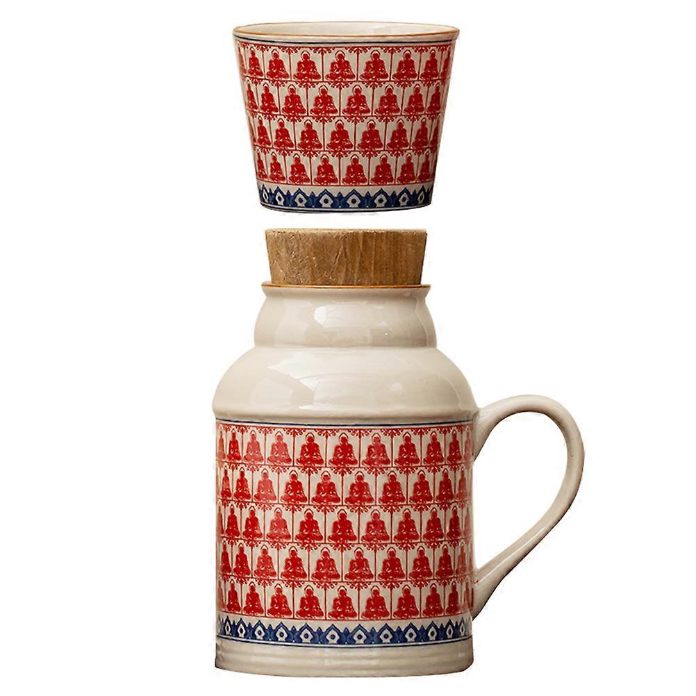 Red Vintage Style Ceramic Kettle and Cup Set for Storage Use 1Set with Lid