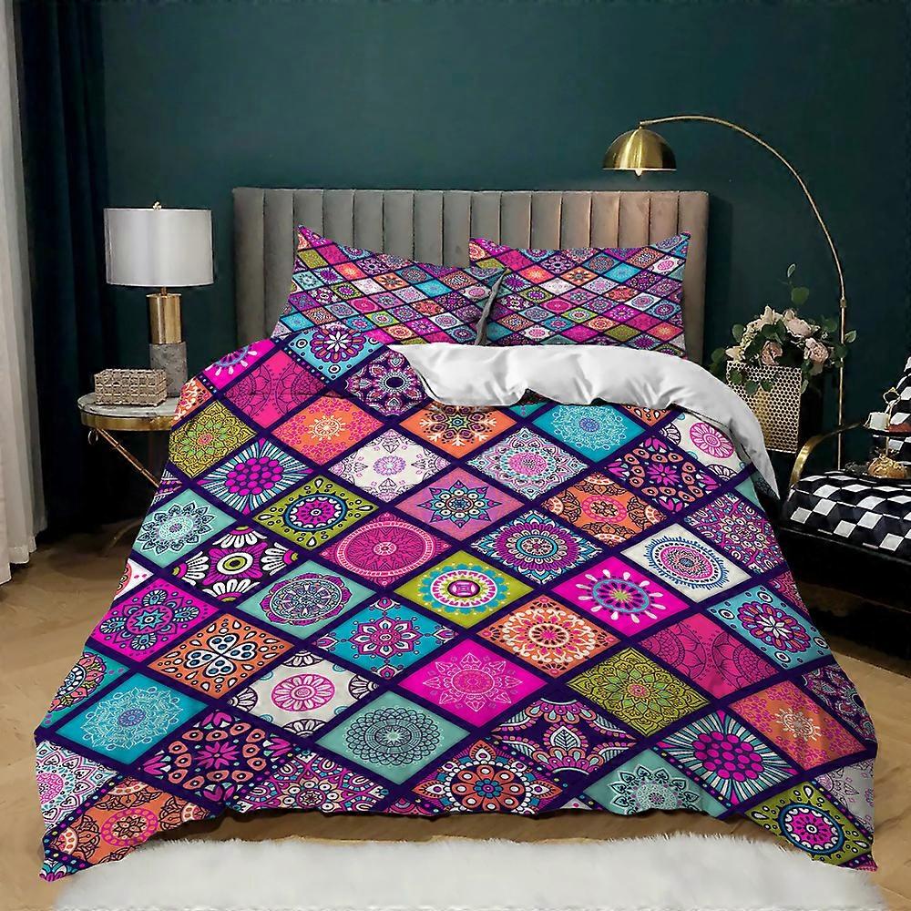 5-Boho Ethnic Mandala Pattern Duvet Cover with Hexagonal Lattice Design, Super Soft, King Size