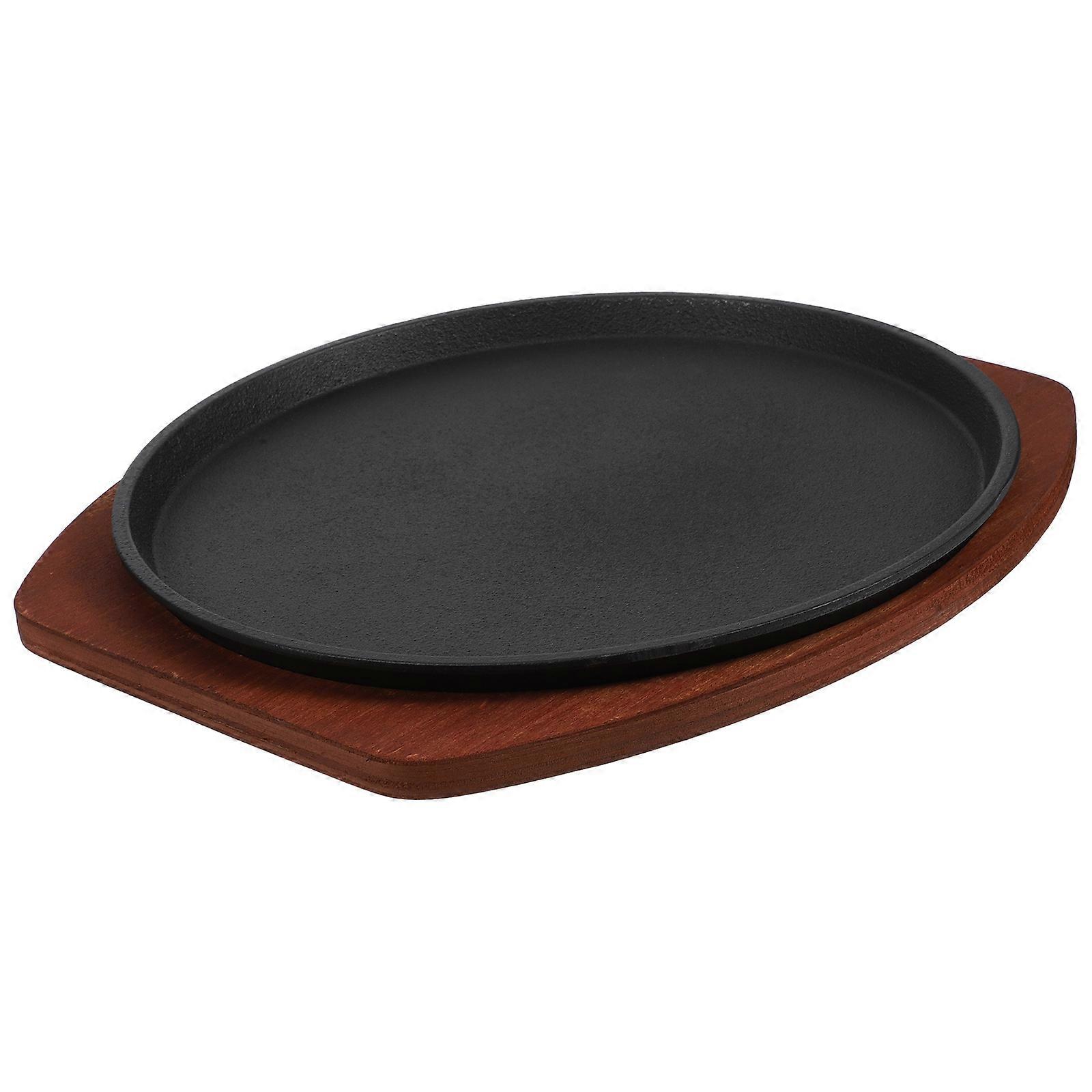 1 Set Iron Steak Platter Griddle Pan with Wood Base