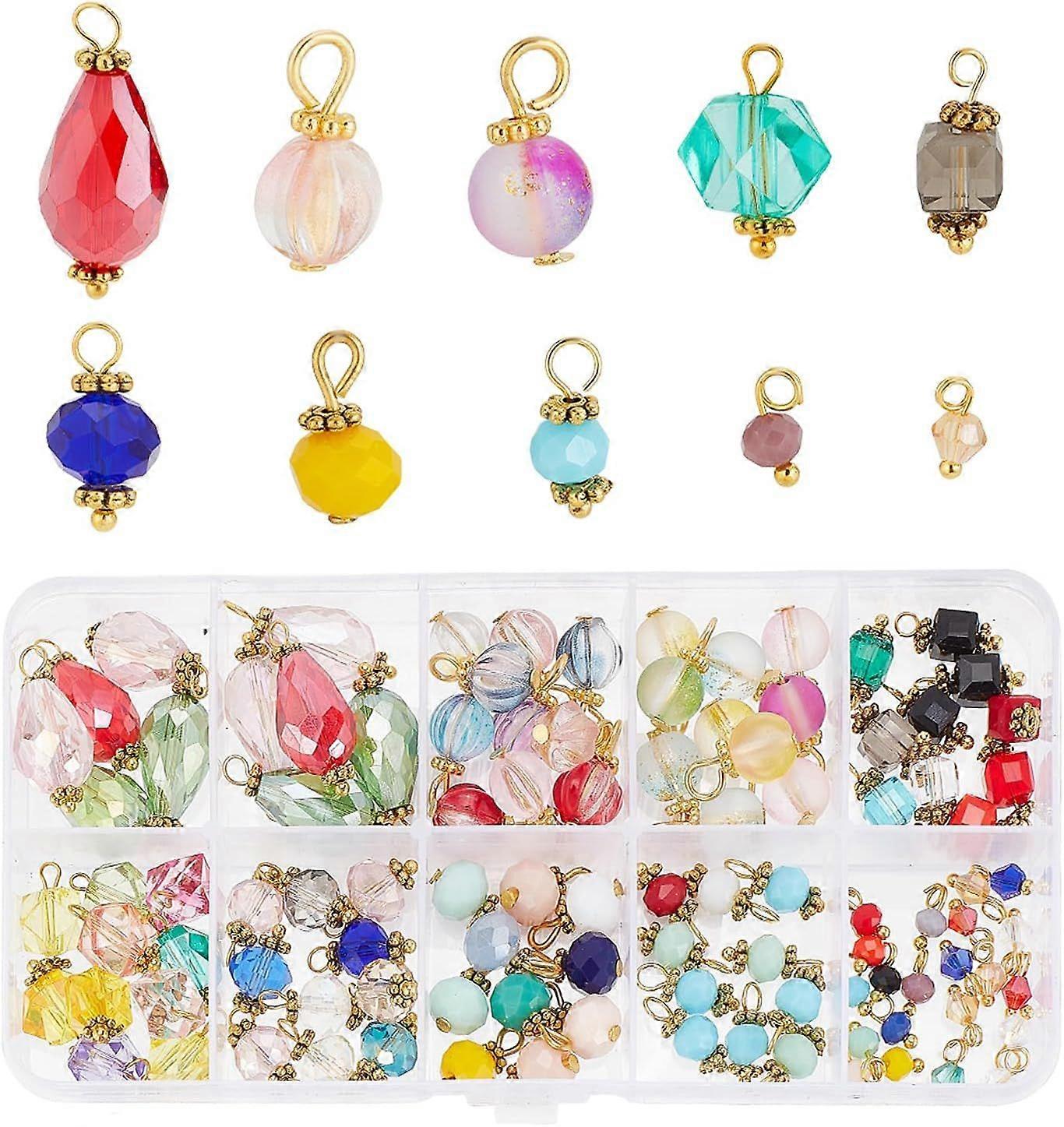 100pcs Dangle Charms 10 Styles Round Cube Glass Charms Rondelle Beads Pendants Bicone End Drop Beads Charms with Golden Bead Cap for DIY Earring Neckl