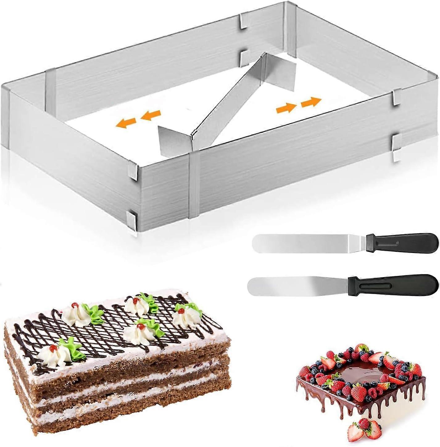 Adjustable Cake Ring Rectangle Mold 5.9 to 11 Inch Food Grade Rustproof Baking Frame with Spatulas