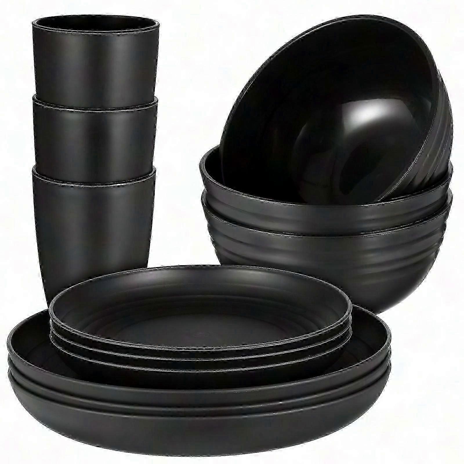 Black Straw Round Dishware Set For Picnic, Camping, And Home Use