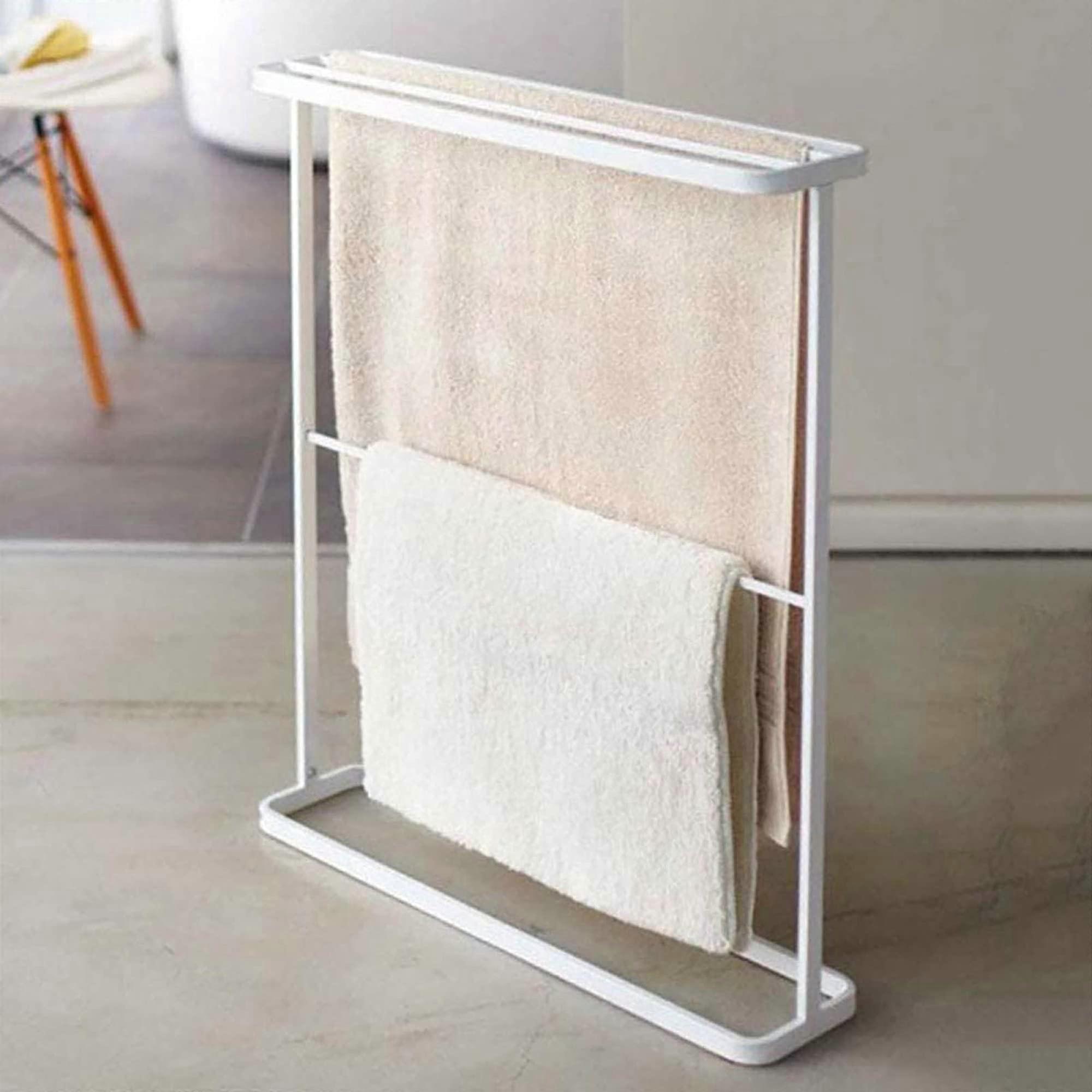 White Freestanding Towel Rack with Five Rails, SpaceSaving Bathroom Holder for Small Spaces