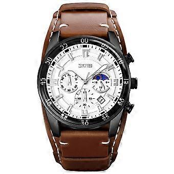 Men Moonphase Calendar Stopwatch Leather Strap Quartz Watch