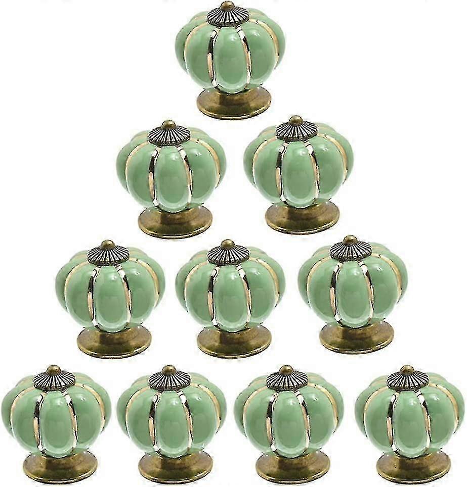 Set of 10 vintage ceramic door knobs, pumpkin design, light green