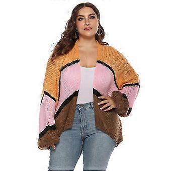 Women's Long Sleeves Cardigan Sweater Plus Size Open Front Tops Color Block Patchwork Woolen Sweater Fall Casual Coat