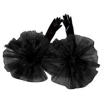 Elegantes guantes de noche de tela con delicados diseños bordados en rojo. Ideales para bodas y celebraciones.