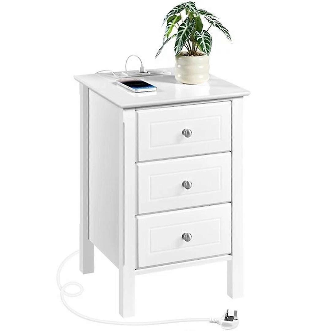 1PCS White 3-drawer Bedside Table with Charging Station