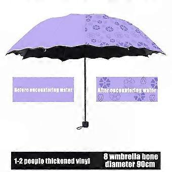 Umbrella, Ladies Portable 3-Fold Windproof Compact Anti-UV Sun/Rain Shade, Color-Changing Blossom Design