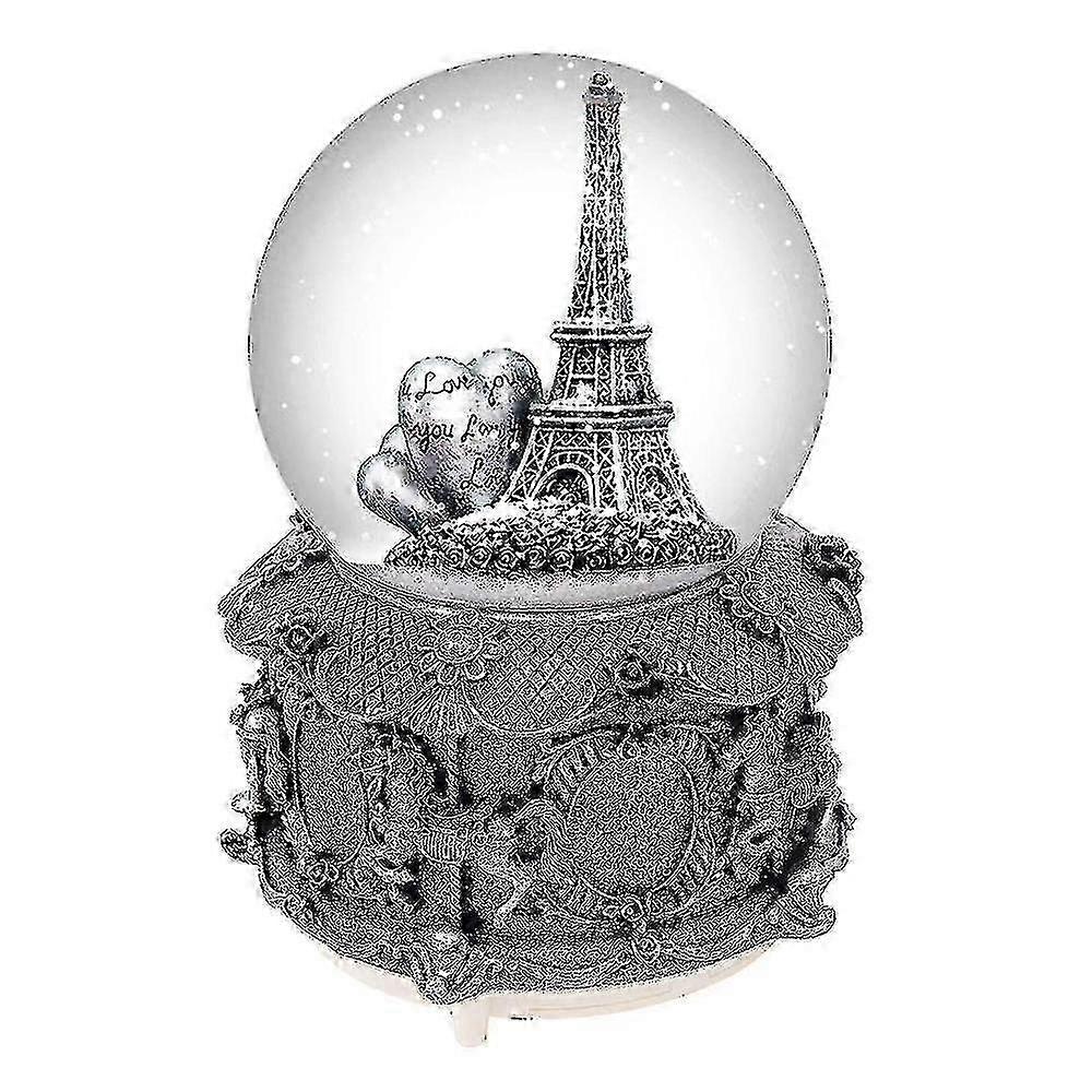 Caixa musical com neve automática, representando a Torre Eiffel de Paris, com luzes coloridas. Diâmetro: 100mm (6 polegadas).