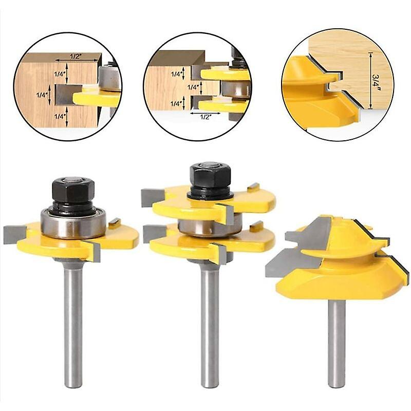 45 Degree Lock Miter Router Bit + Tongue Bit + Grooving Cutter, Woodworking Cutter for Carpentry Tools (1/4'' (6.35mm))