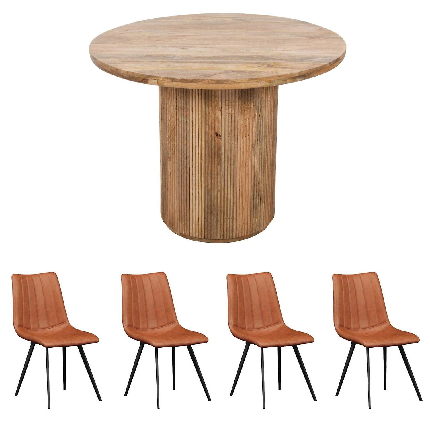 Yuri Natural Solid Wood Round Dining Table Set With 4 Chairs