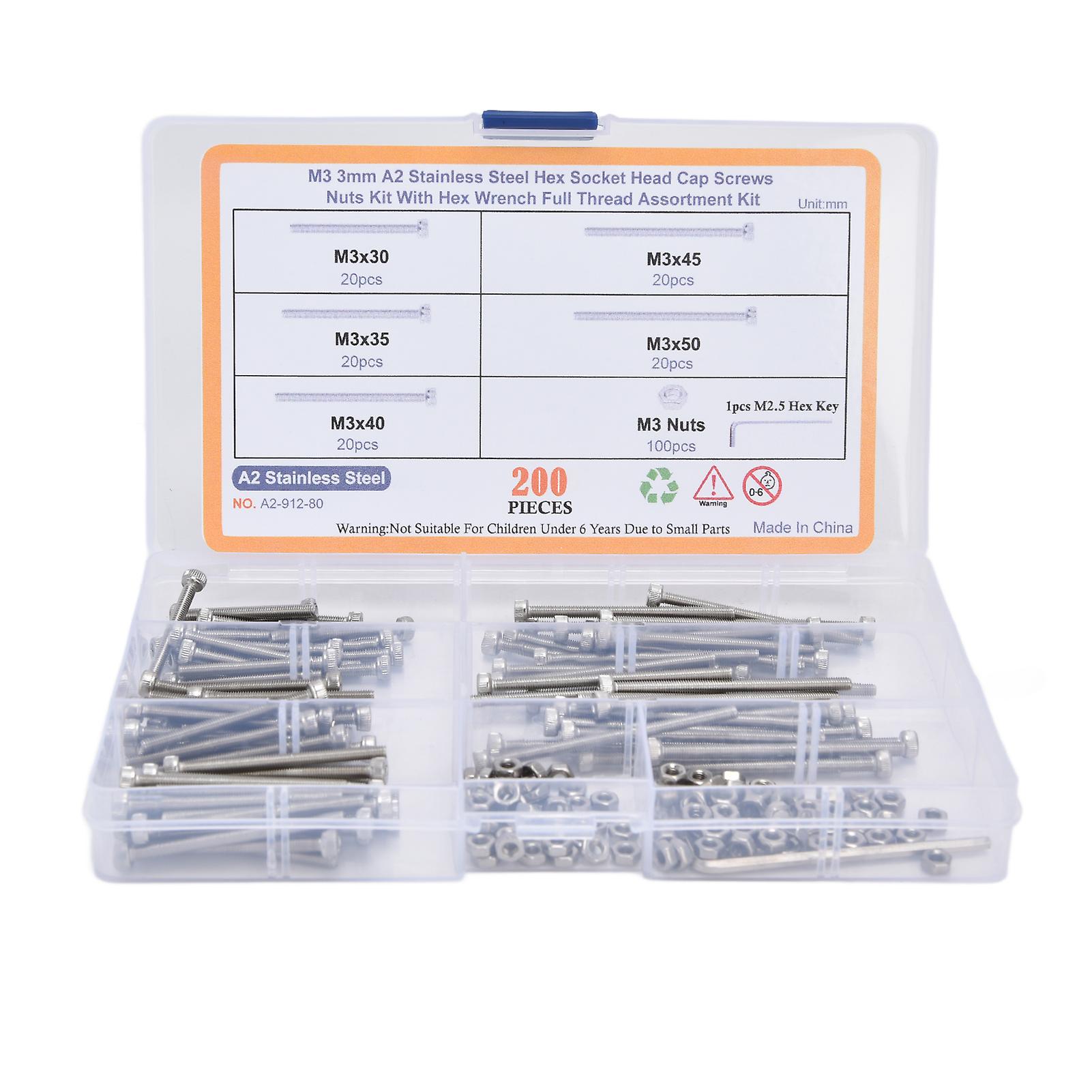 200pcs Hex Nut Bolt Assortment Kit Hex Socket Head Cap Screws Assortment Set with Wrenches for Industry