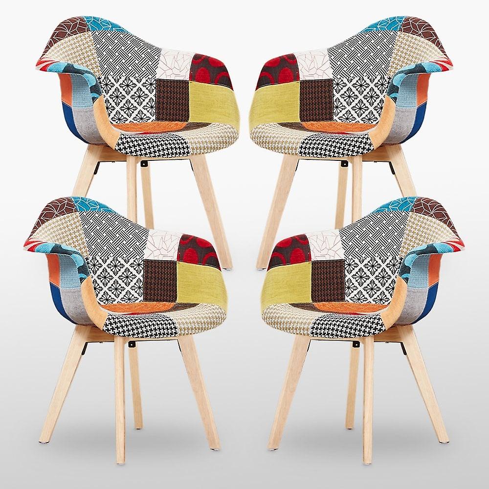 Life Interiors Multicolor Stubai Patchwork Tub Chair - Retro Fabric Upholstered Chair With Wooden Legs Set Of Size 4