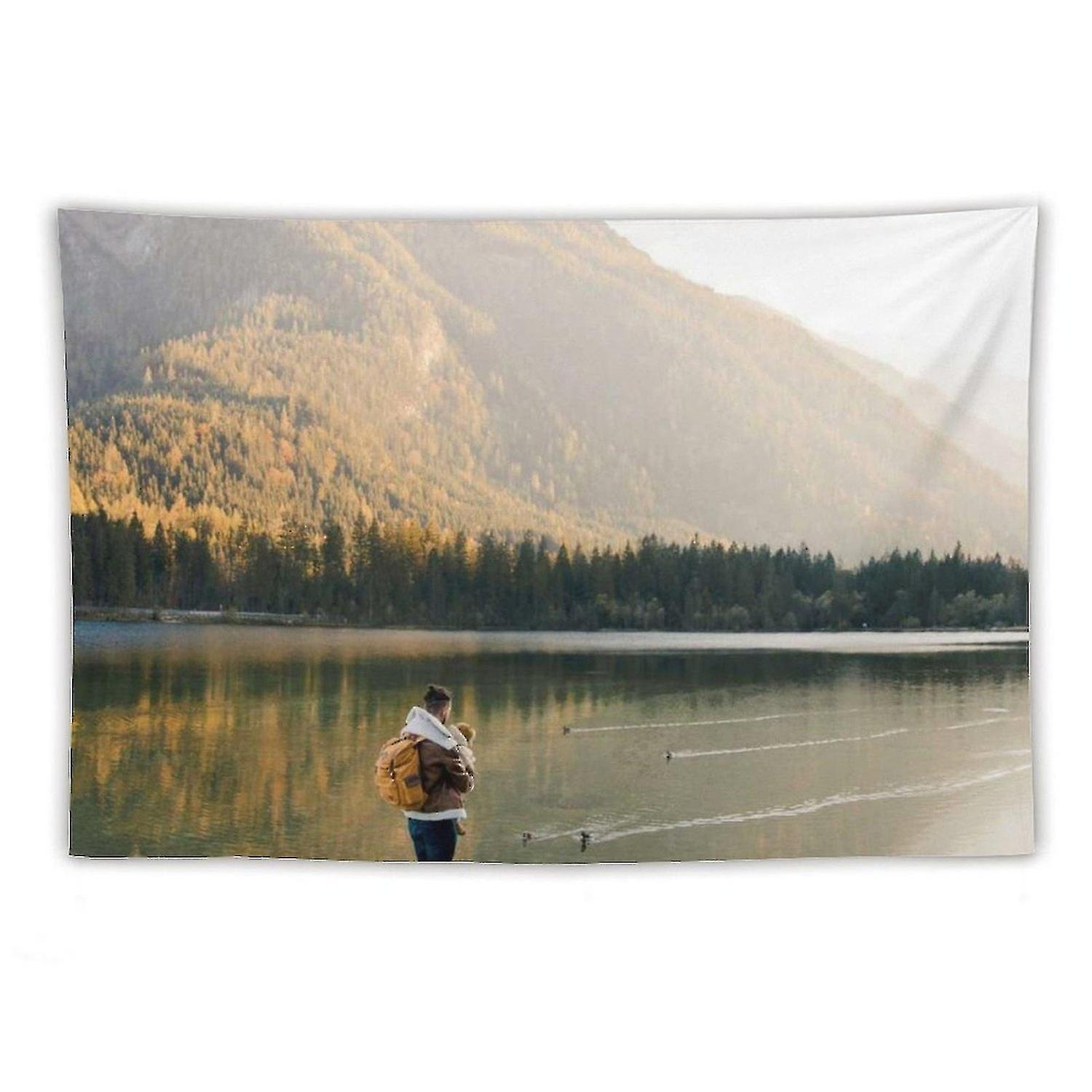 Photo print art tapestry of man standing by lake