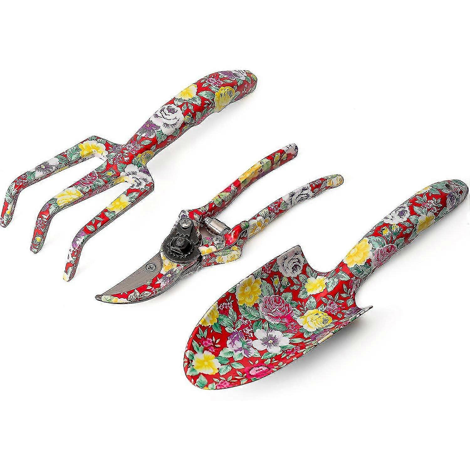 3 قطع أدوات حديقة الألومنيوم مع طباعة حمراء - ترو ، مزروع ، مقلم ، طقم هدايا البستنة (أحمر)