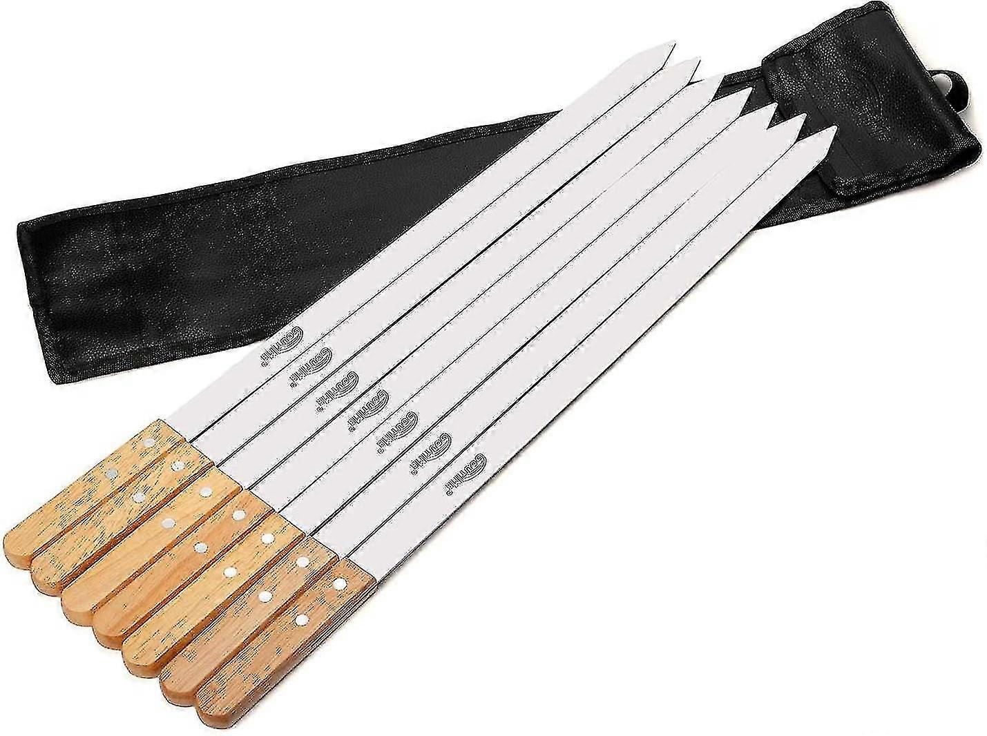 Bbq Skewers, Extra Long 60cm Stainless Steel Skewers With Solid Oak Handle, Set Of 7