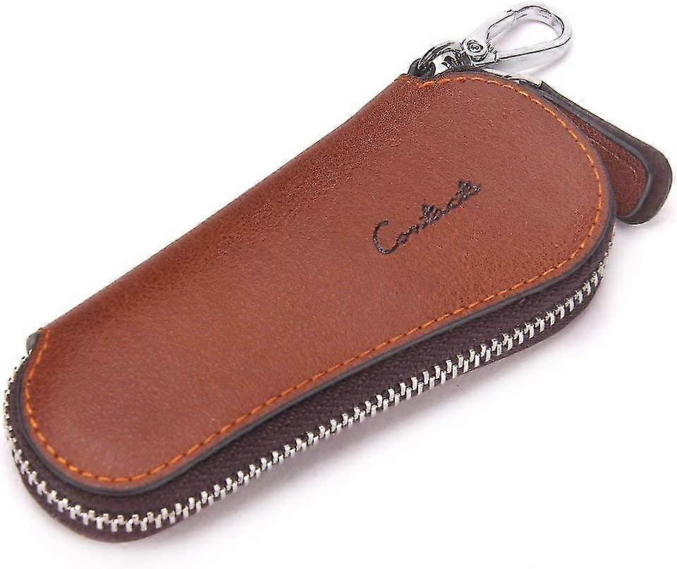 Men's Genuine Leather Car Key Holder Zipper Remote Keychain Case Brown