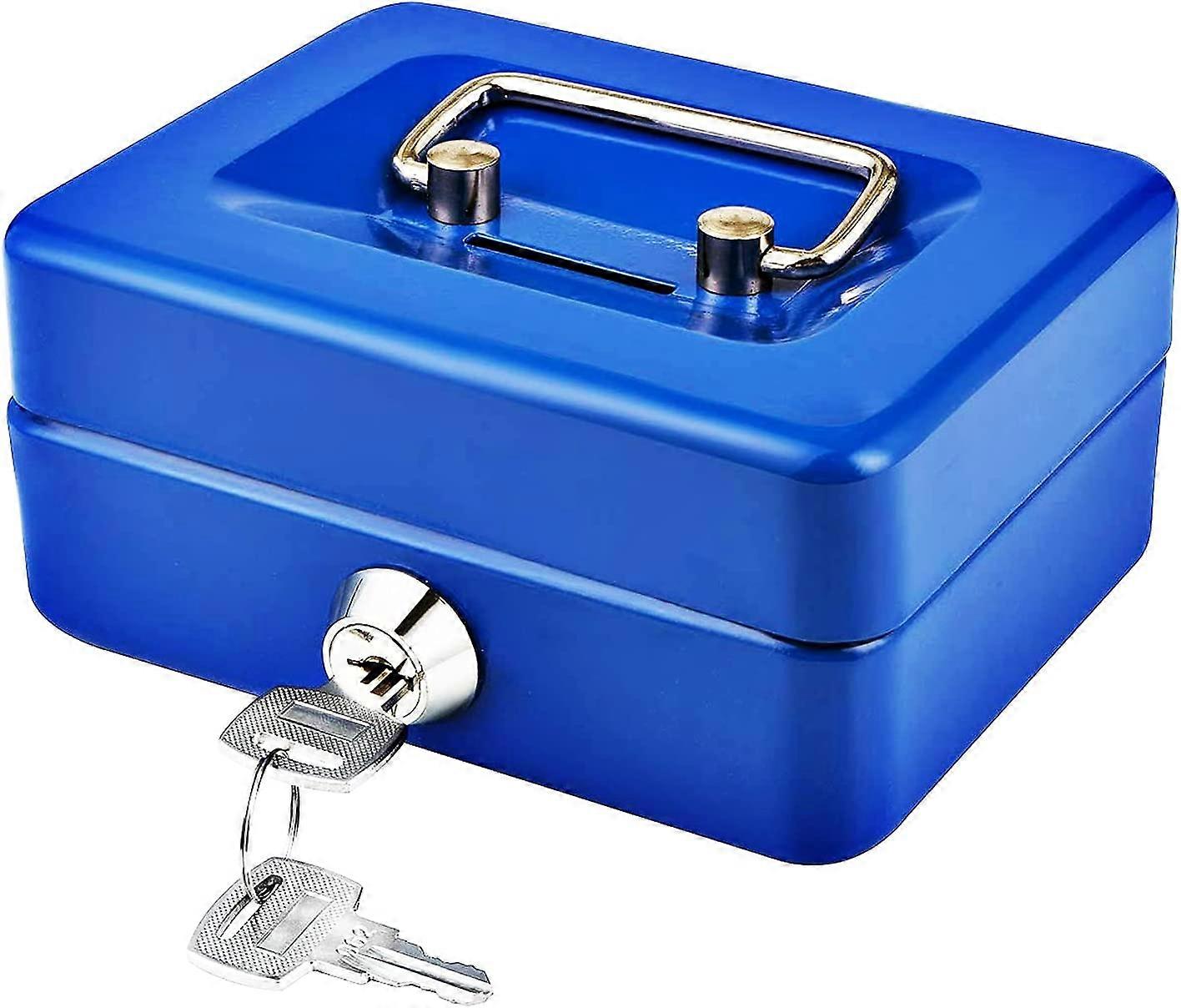 Cash Box with Key Lock, Portable Double Layer Metal Money Box and 2 Keys for Security 12.5 * 10 * 5.6cm (S, Blue)